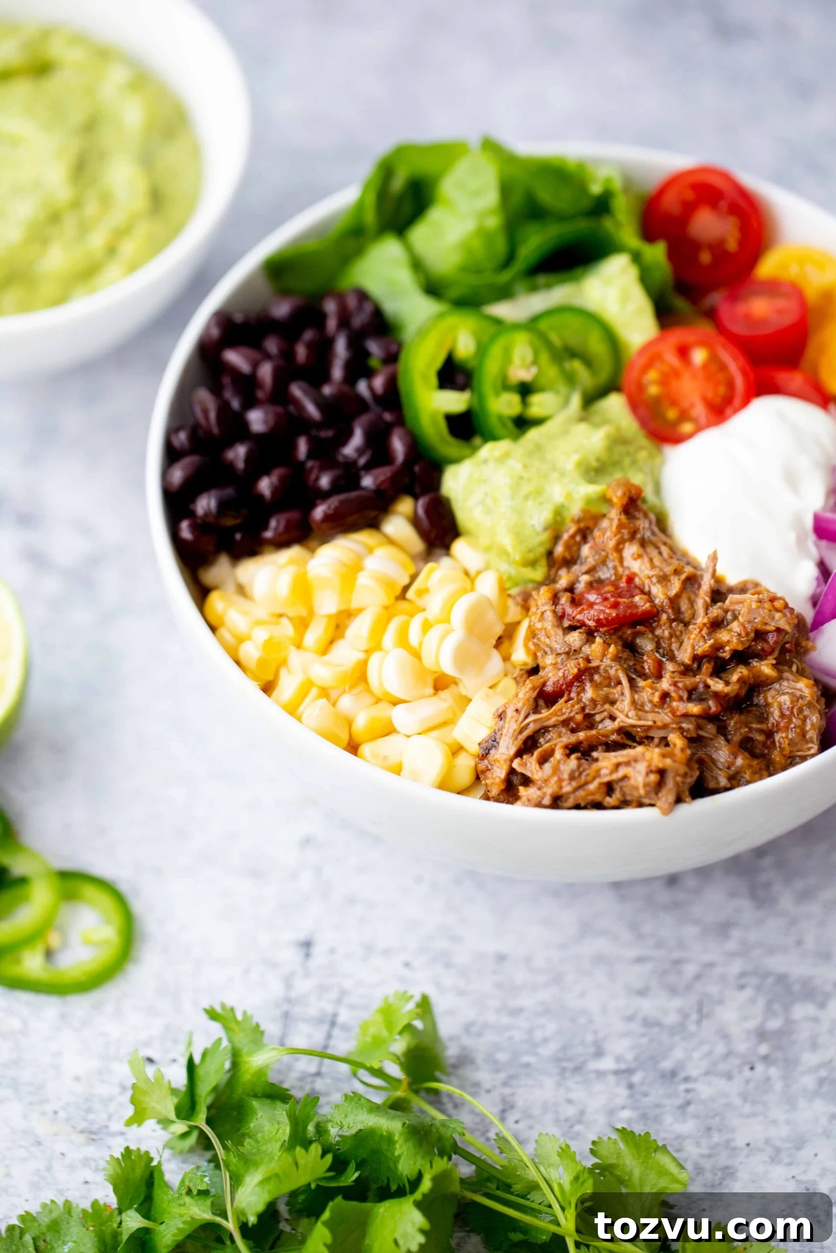 Tender Instant Pot Shredded Beef for Tacos and Sandwiches 7 45 degree photo of a burrito bowl with instant pot shredded Mexican beef corn black beans lettuce tomatoes diced red onion sour cream jalapeños and avocado sauce on a concrete background with a bowl of avocado sauce in the background