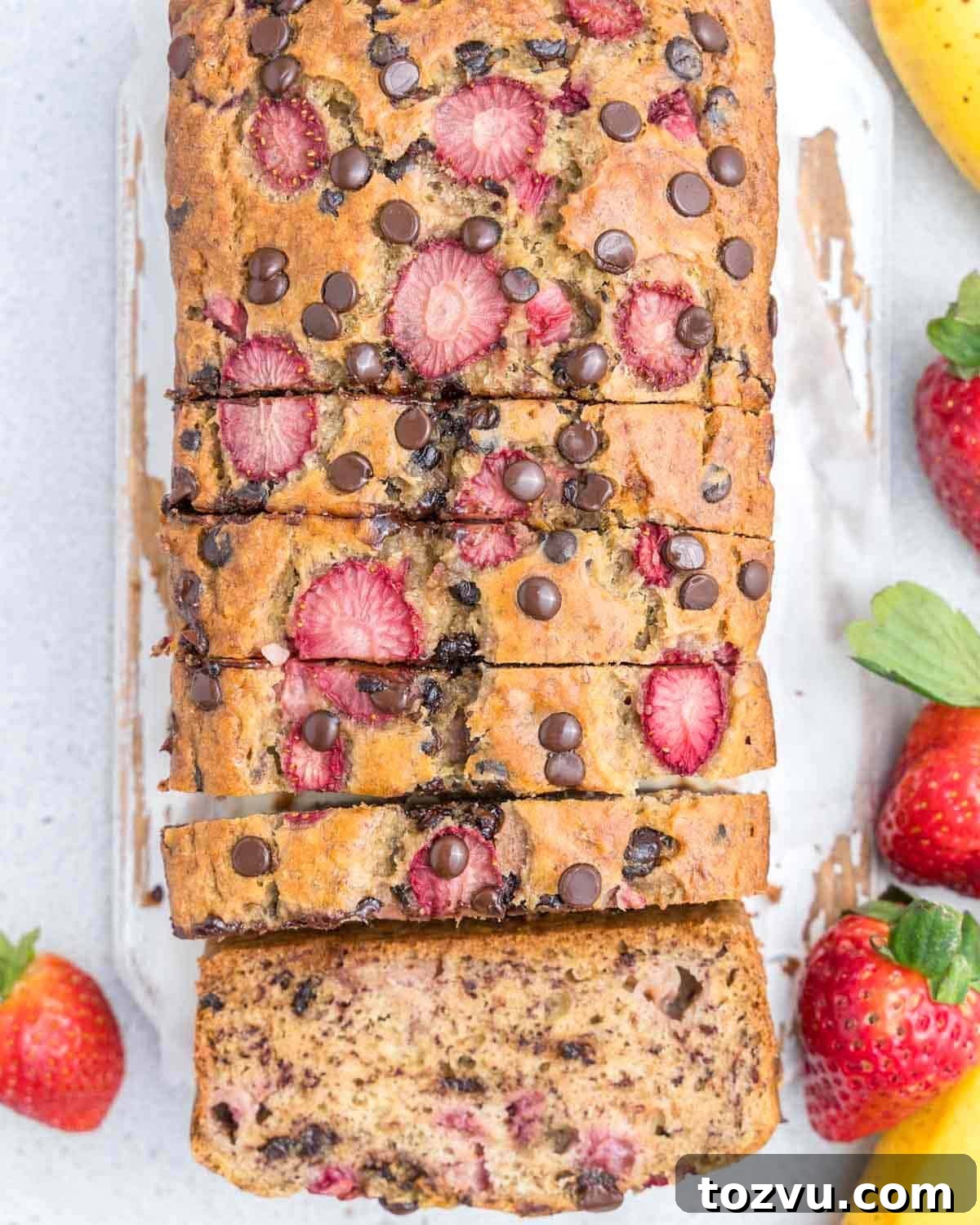 Strawberry Banana Bread Recipe: Moist Loaf with Fresh Fruit 2 sliced banana bread made with chocolate chips and fresh strawberries on a cutting board.