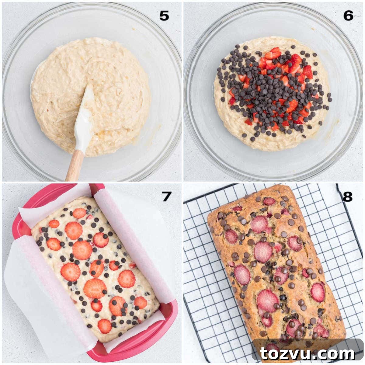 Strawberry Banana Bread Recipe: Moist Loaf with Fresh Fruit 5 process shot to ad in the strawberries and chocolate chip, then add to pan and bake.