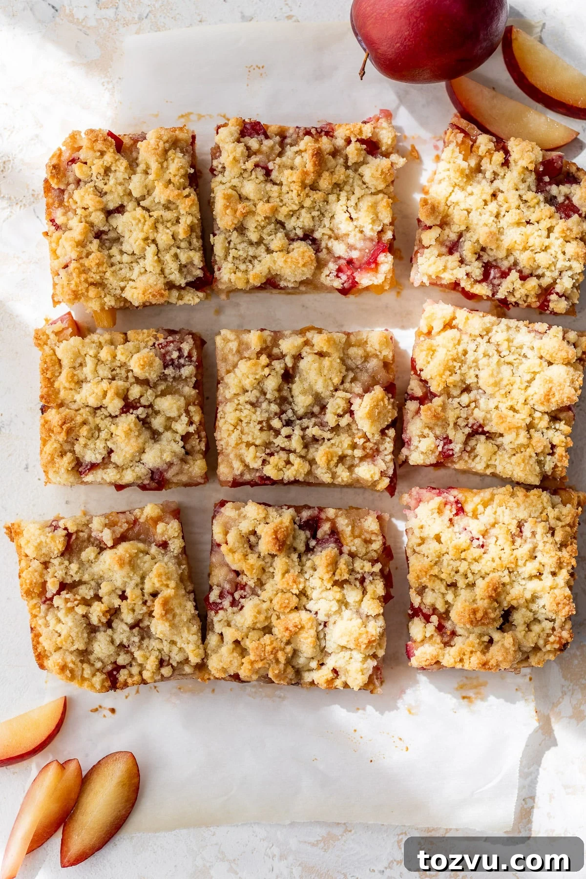 overhead view of sliced plum crumb bars.