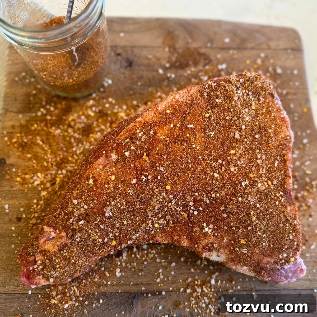 Smoked Tri-Tip Roast: Juicy, Tender BBQ Recipe 3 seasoning raw tri tip with steak seasoning rub on cutting board