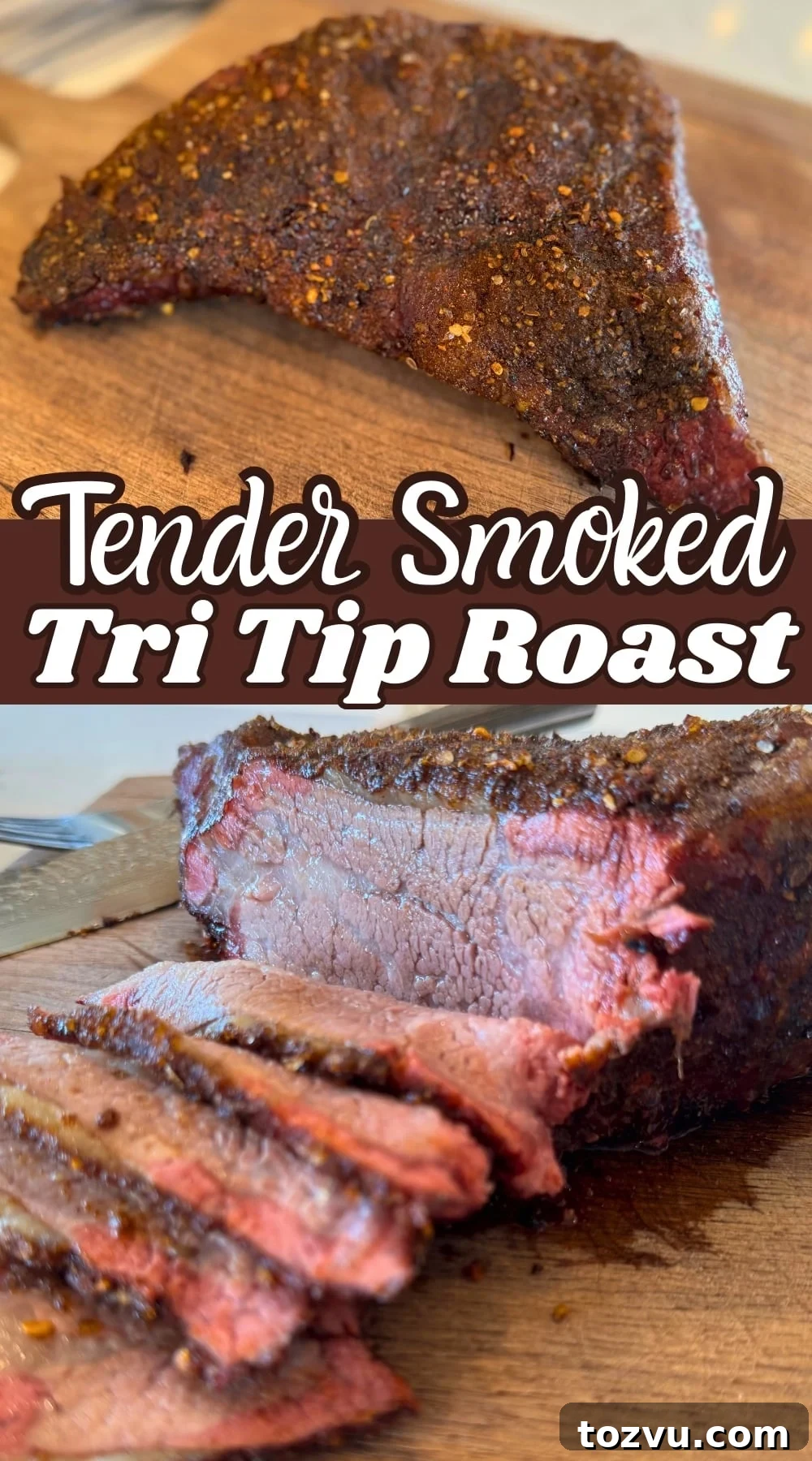 Smoked Tri-Tip Roast: Juicy, Tender BBQ Recipe 6 smoked tri tip roast on cutting board sliced with text