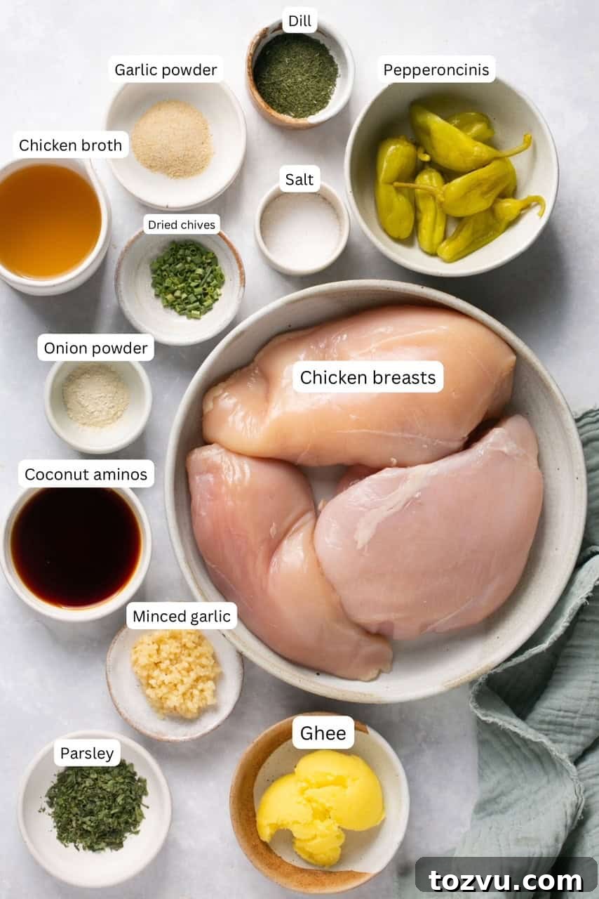 Mississippi Chicken: 3 Flavorful Variations 3 recipe ingredients in nesting bowls and labeled
