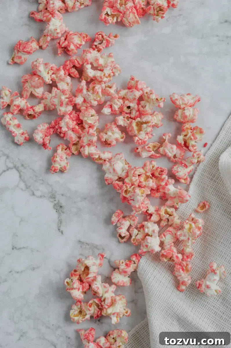 How to Make Pink Strawberry Popcorn 4 pink popcorn saying on a marble countertop.