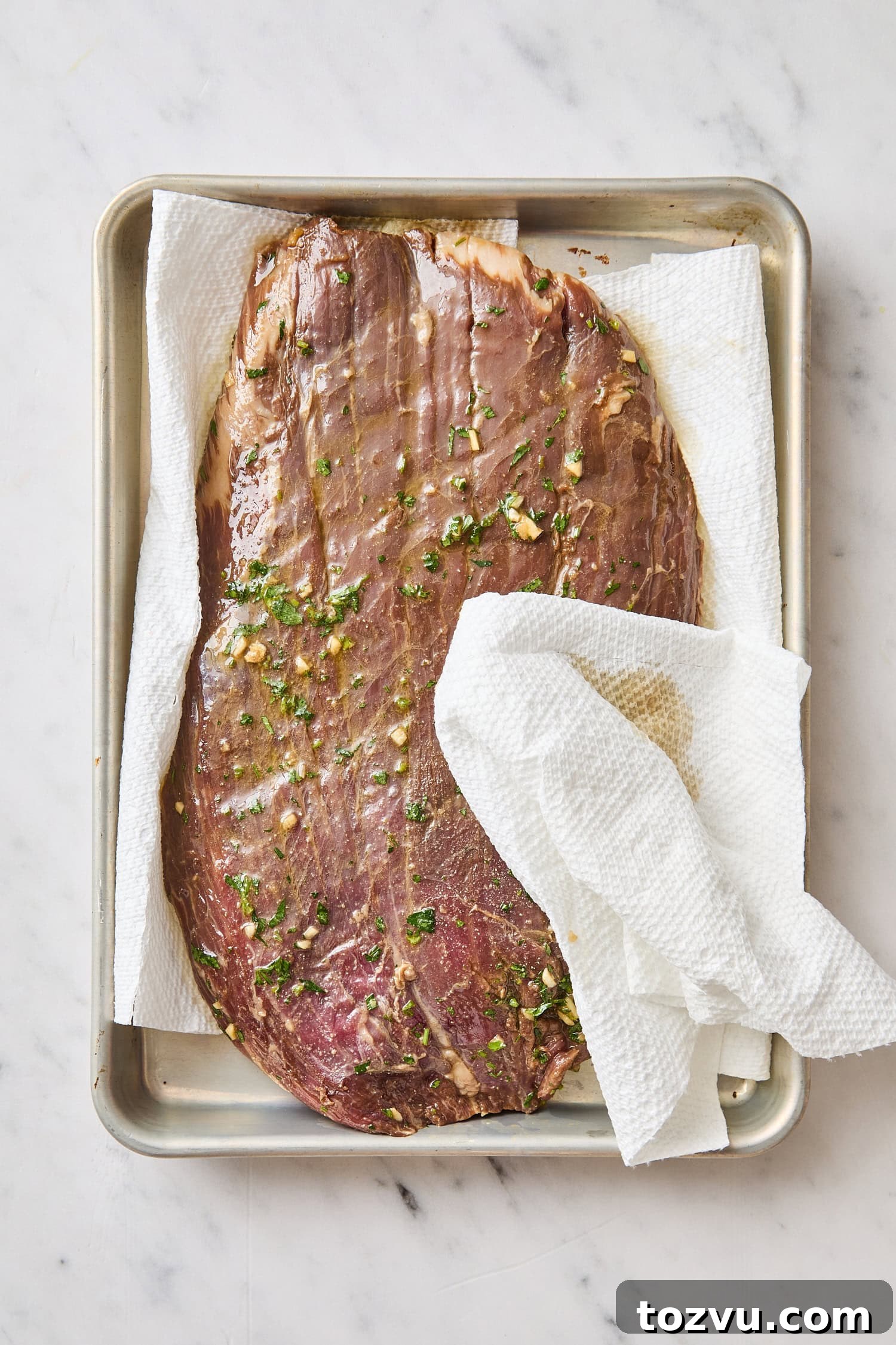 Grilled Steak with Roasted Beet and Goat Cheese Salad 10 Raw marinated steak with paper towel dabbing off excess.