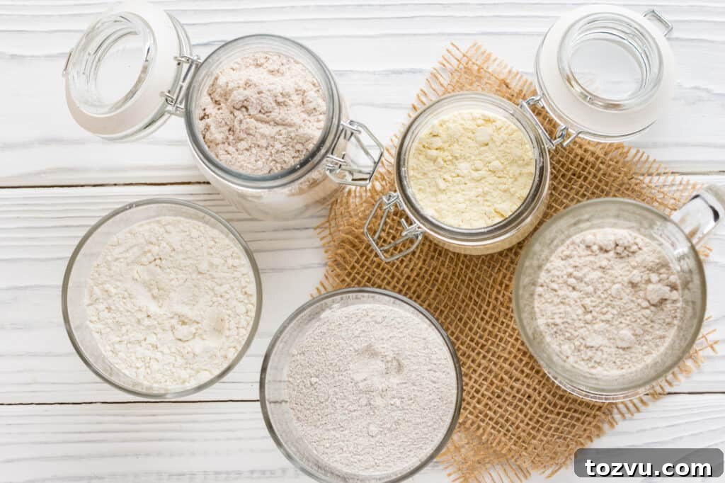 4 Teff Flour Substitutes That Match Texture and Nutrition 2 assortment of flours on a white counter.