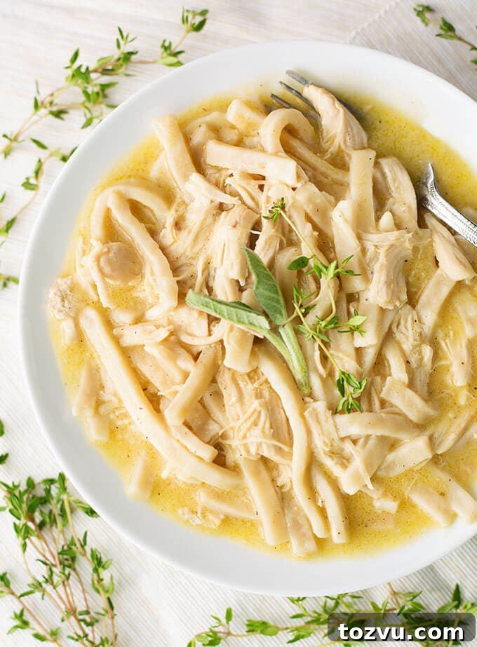 Creamy Instant Pot Chicken and Noodles Recipe 5 Instant Pot Chicken Noodles with fork in a white bowl surrounded by herbs