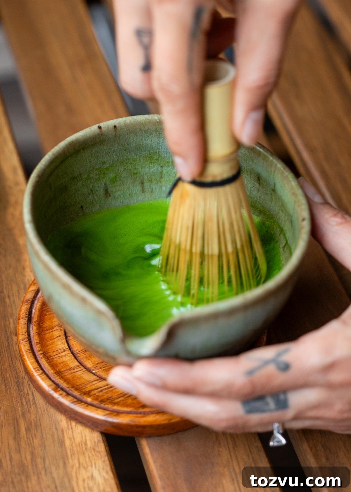 Creamy Banana Matcha Latte Recipe 6 whisking matcha with chasen