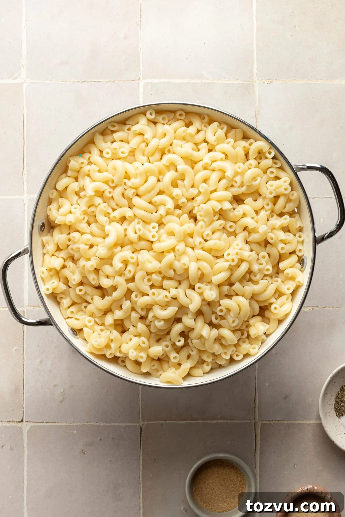 Creamy Hidden Vegetable Mac and Cheese Recipe 5 Cooked pasta in a colander.