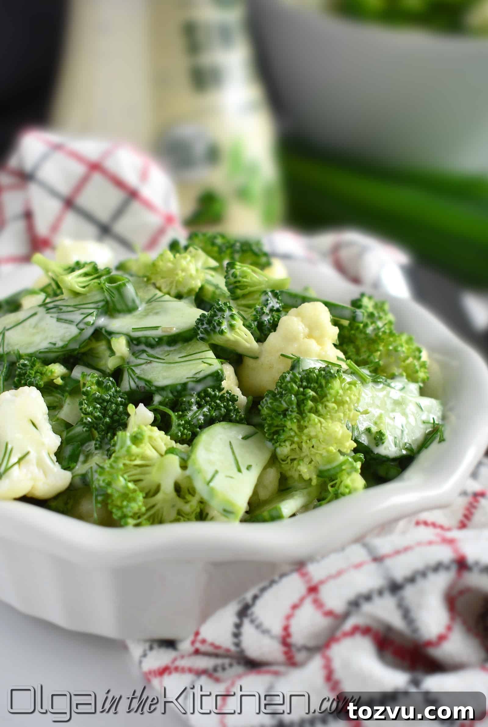 Crunchy Broccoli, Cauliflower & Cucumber Salad with Zesty Lemon 2 Broccoli Cauliflower Cucumber Salad: combo of green veggies bring out the delicious crunch dressed with favorite ranch dressing.