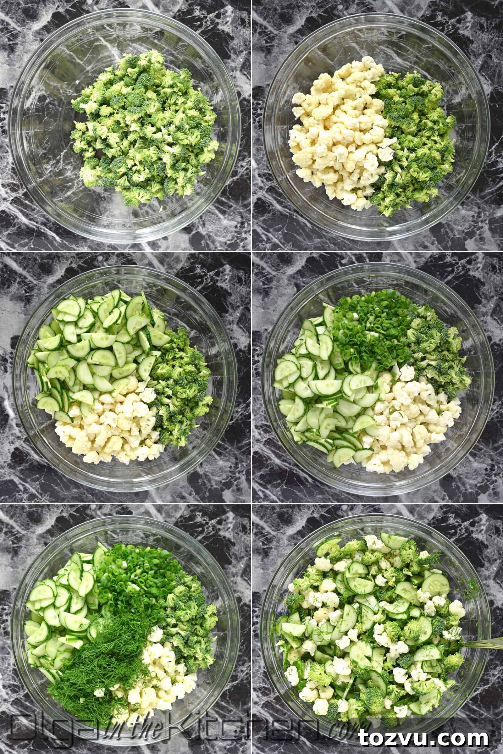 Crunchy Broccoli, Cauliflower & Cucumber Salad with Zesty Lemon 5 Toss the salad with your favorite ranch dressing right before serving.