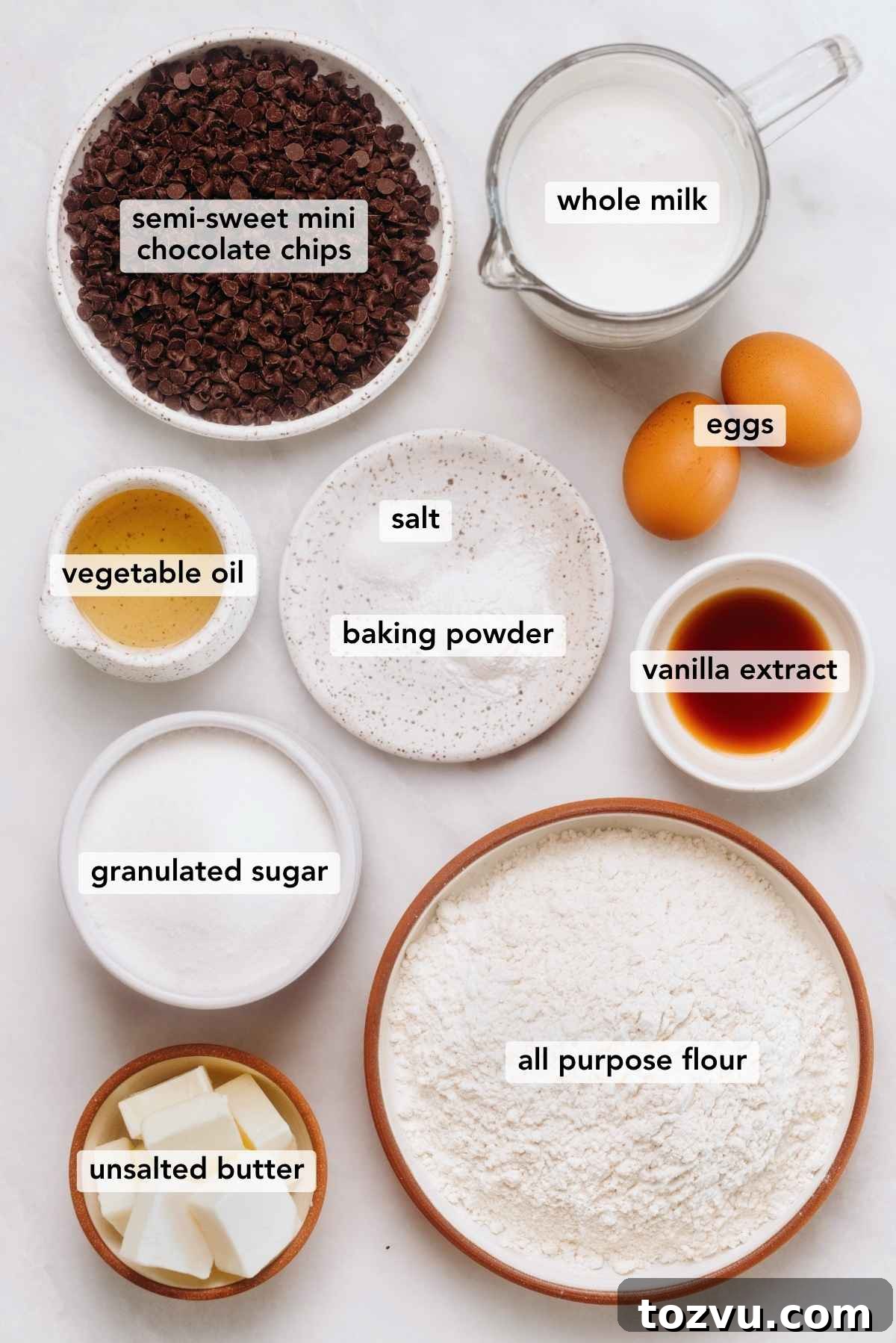 Moist Chocolate Chip Cake Recipe from Scratch 5 Ingredients in bowls: mini chocolate chips, milk, eggs, oil, salt, baking powder, vanilla, sugar, flour, butter