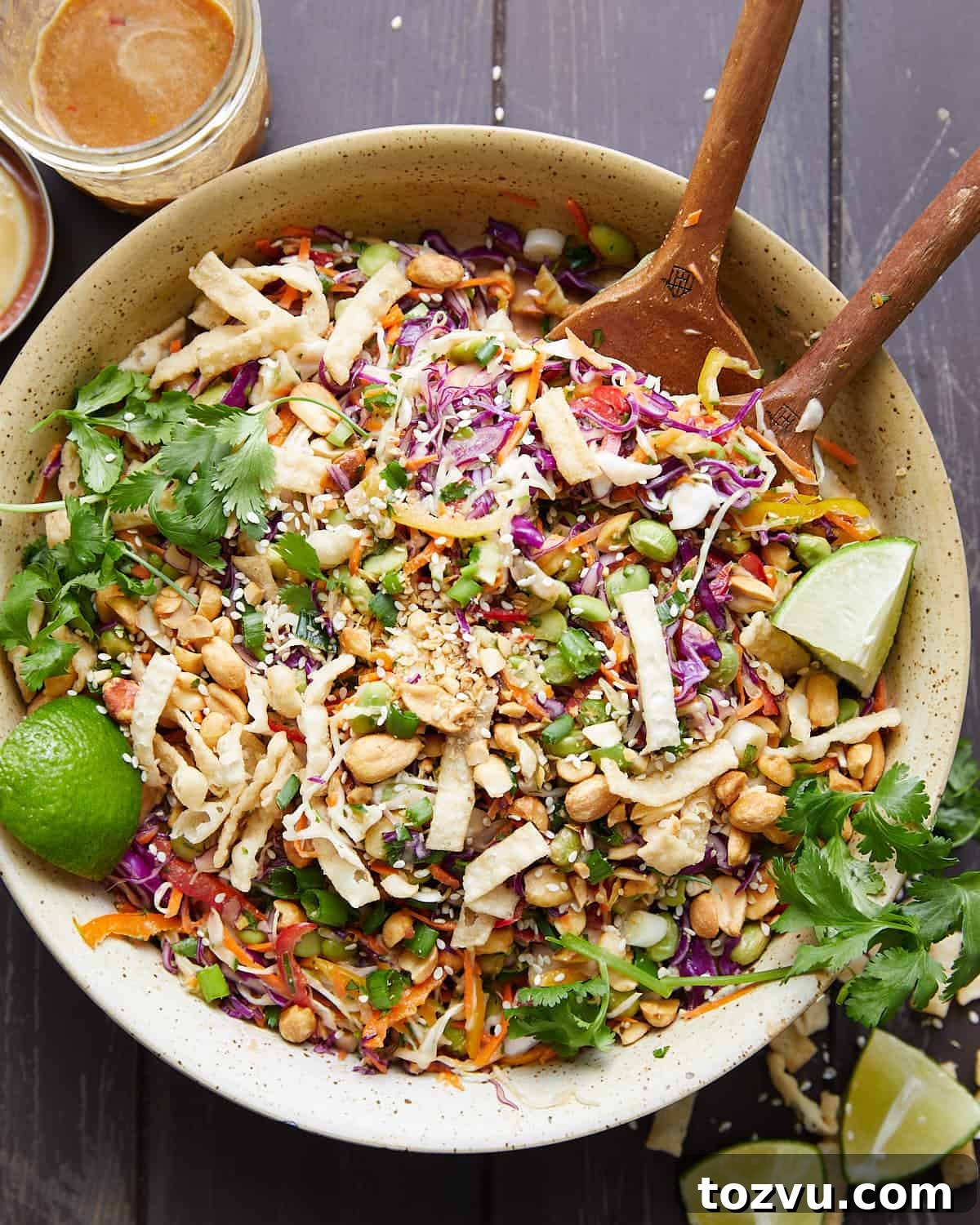 Overhead image of asian cabbage salad with peanut dressing.