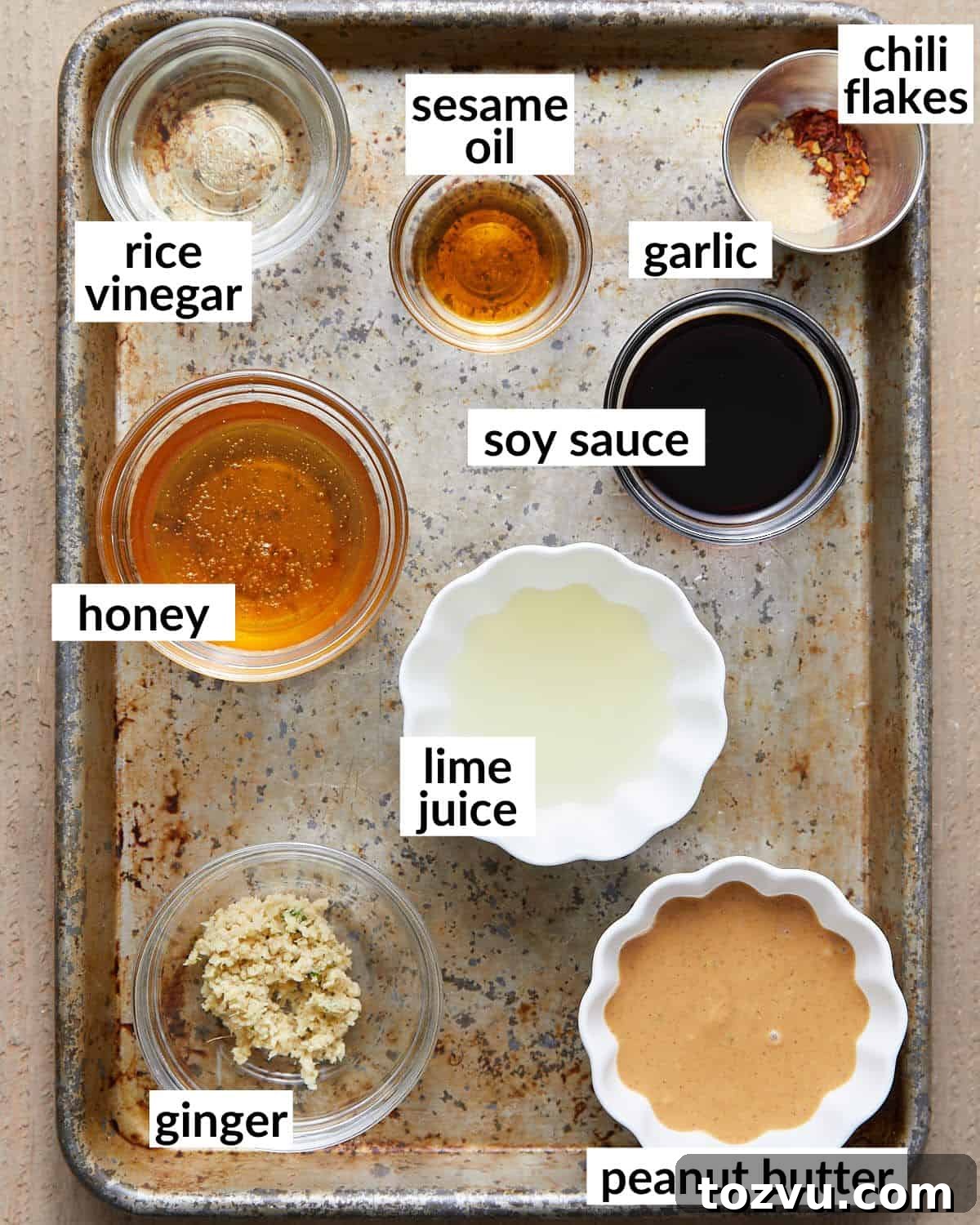Overhead image of ingredients needed for peanut dressing.