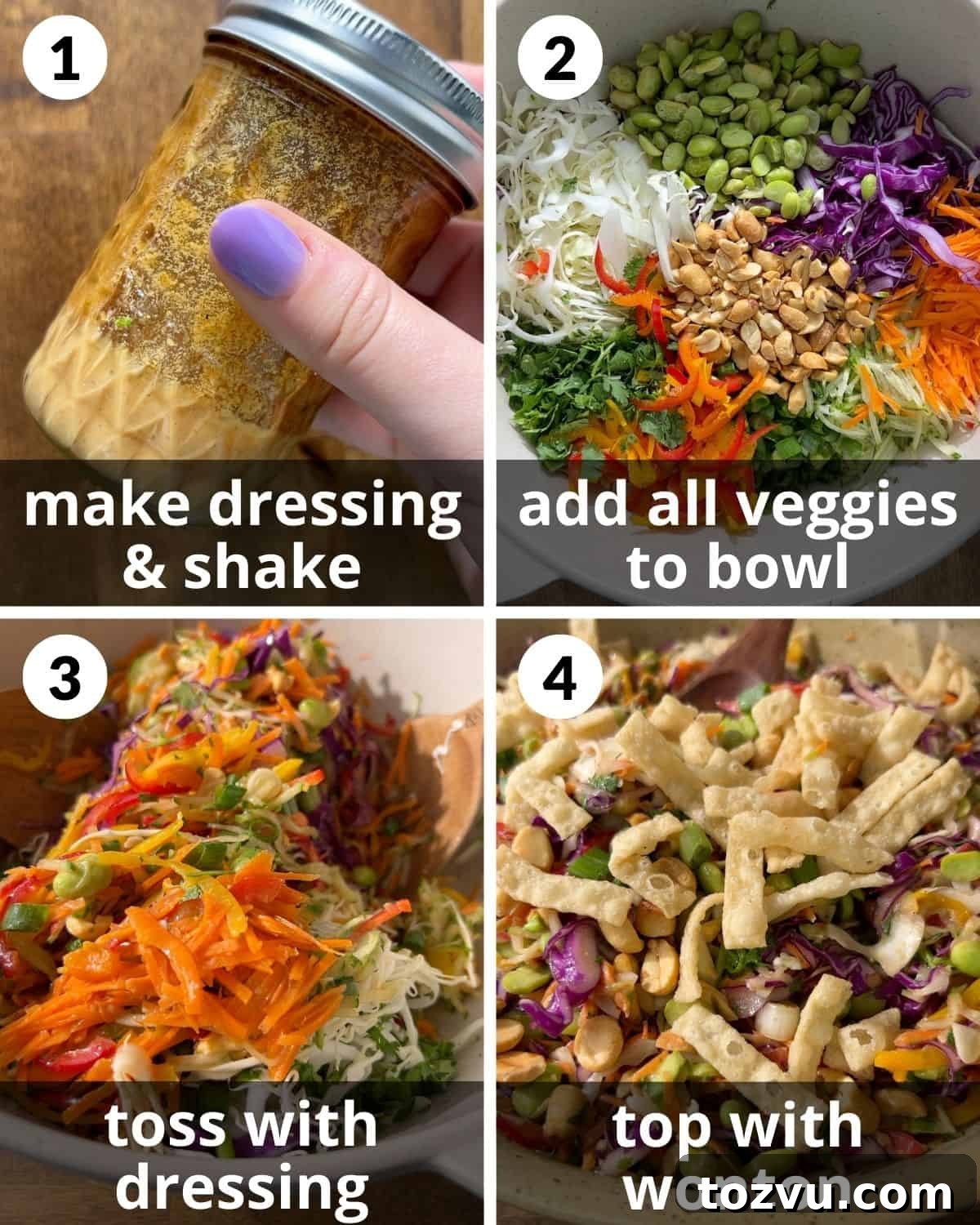 A 4 photo collage showing the assembly of asian cabbage salad with peanut dressing.