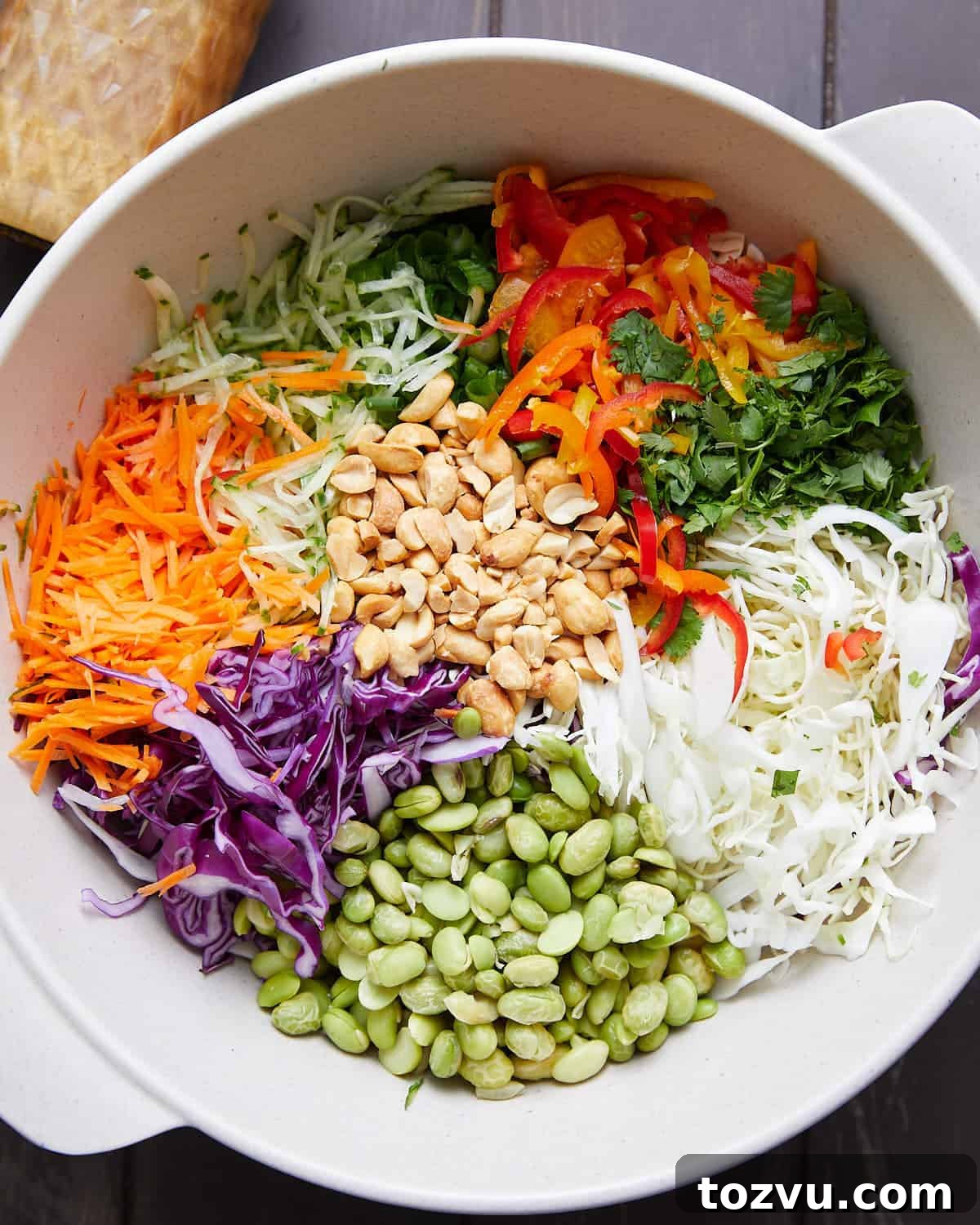 Overhead image of asian cabbage salad.