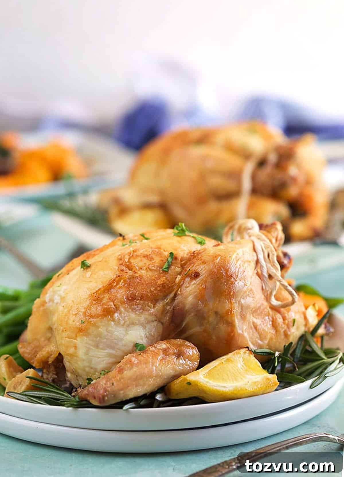 Herb-Roasted Cornish Game Hen with Crispy Skin 5 Front facing shot of cornish hen on a white plate.