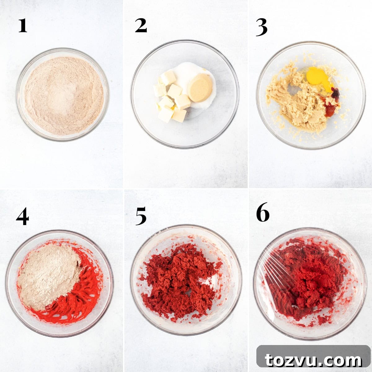 Collage showing step by step photos of how to make red velvet cookie dough