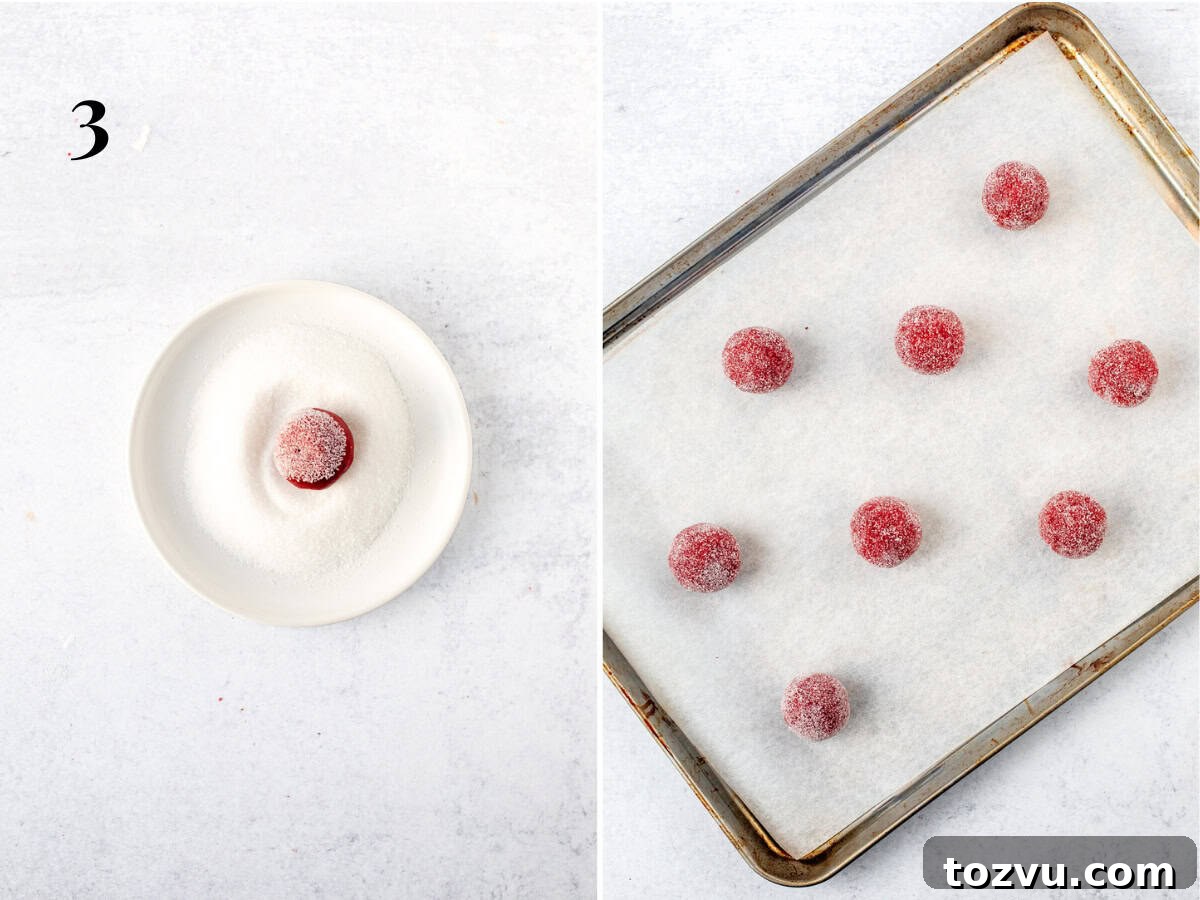 Red velvet cookie dough ball rolled in sugar, and lined cookie sheet with cookie dough balls