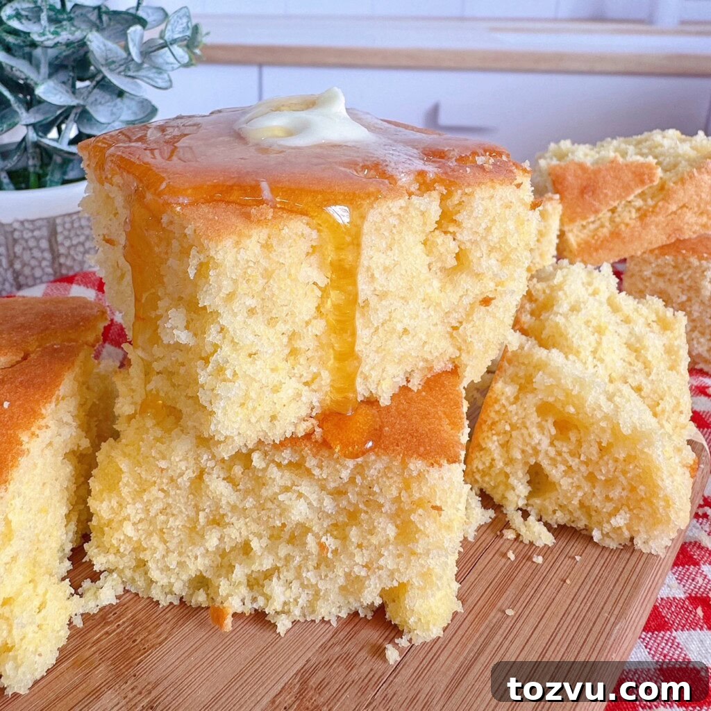Buttery Sweet Cornbread with Golden Crust 2 Buttery Sweet Cornbread stacked with butter and honey drizzle.