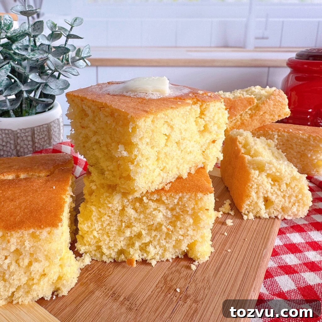 Buttery Sweet Cornbread with Golden Crust 11 Stacked and cut cornbread with butter.