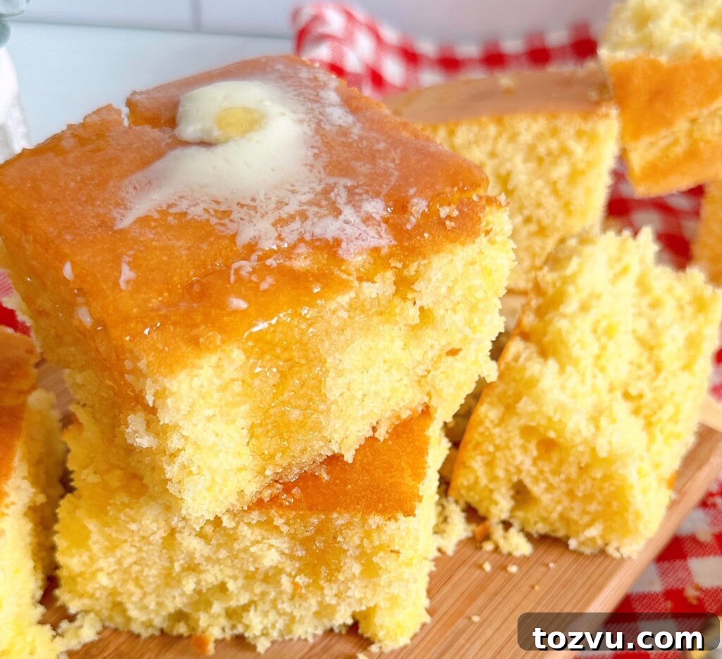 Buttery Sweet Cornbread with Golden Crust 12 Sweet Buttery Cornbread upclose with melted butter and honey.
