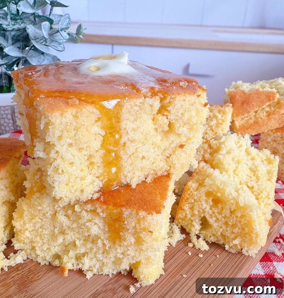 Buttery Sweet Cornbread with Golden Crust 14 Stack of sliced cornbread with honey and melted butter.
