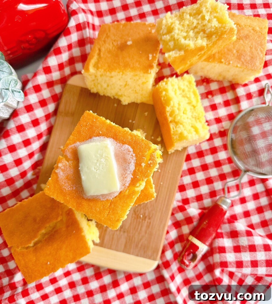 Buttery Sweet Cornbread with Golden Crust 3 Buttery Sweet Cornbread cut and on a wooden board with a checked tablecloth underneath it.