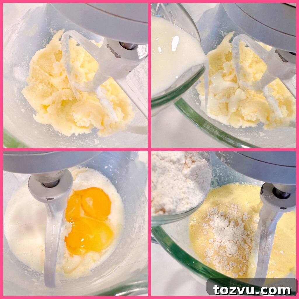Buttery Sweet Cornbread with Golden Crust 5 Creaming together butter and sugar and adding wet ingredients to mixing bowl.