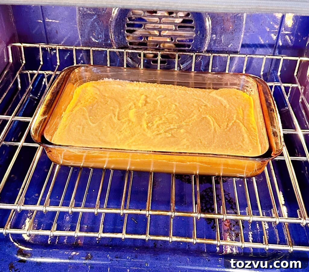 Buttery Sweet Cornbread with Golden Crust 8 Baking cornbread in preheated oven.