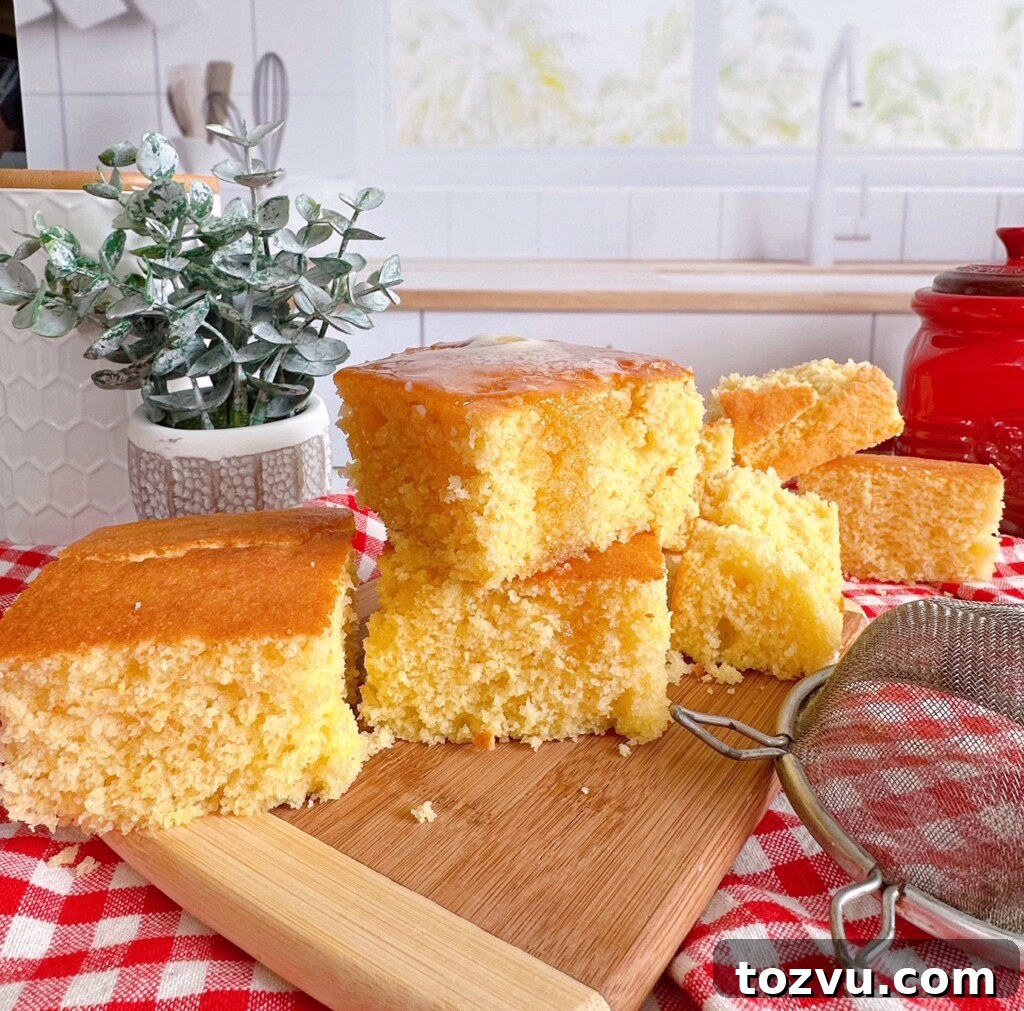 Buttery Sweet Cornbread with Golden Crust 10 Stacked butter cornbread on a wooden cutting block.