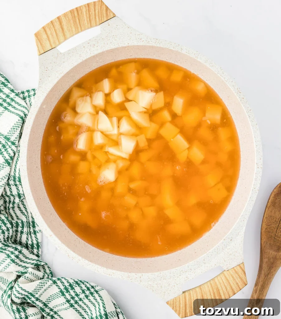 adding vegetable broth and potatoes