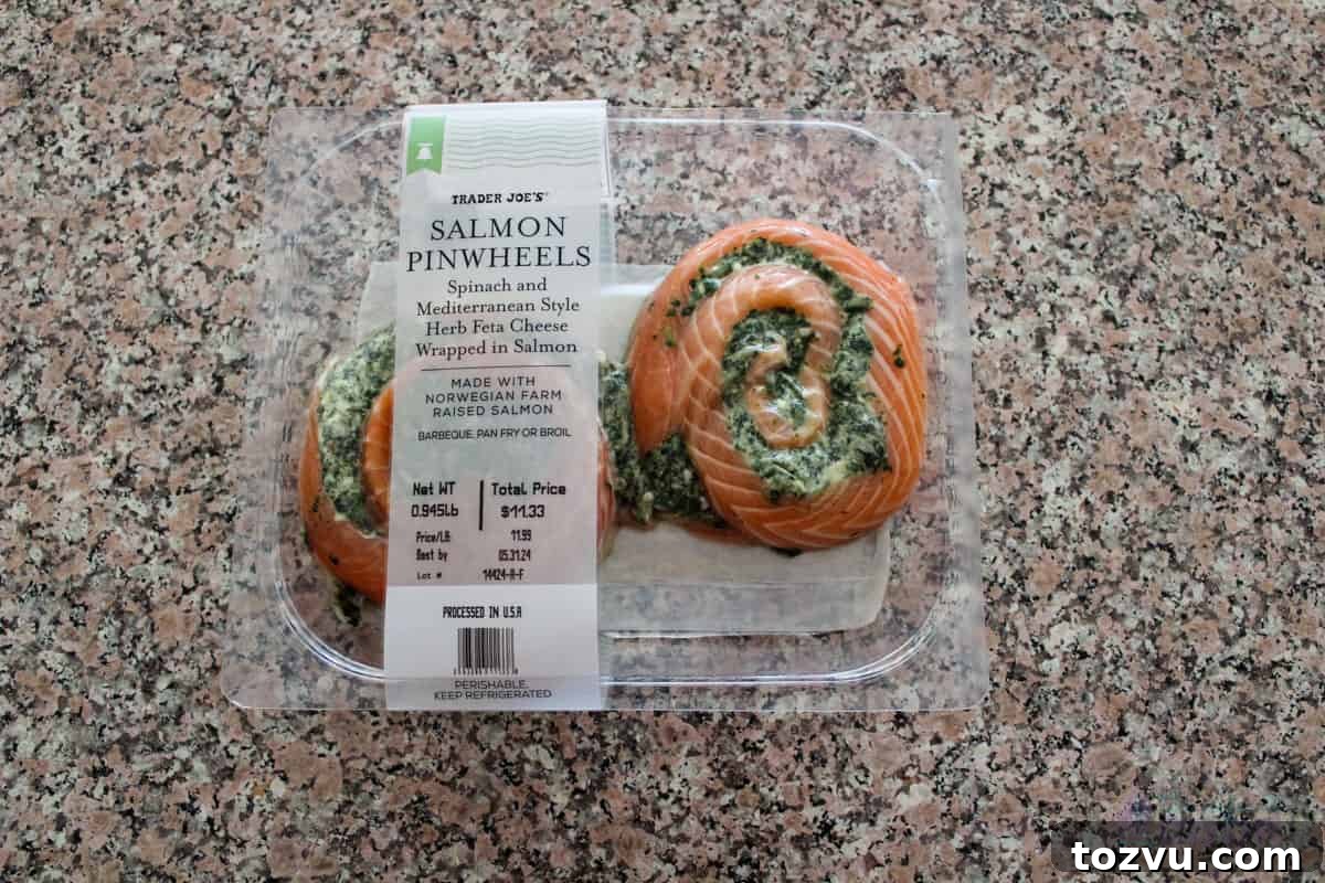 Trader Joe's Salmon Pinwheels Recipe with Feta and Spinach 3 A package of Trader Joe's Salmon Pinwheels on a kitchen counter unopened.