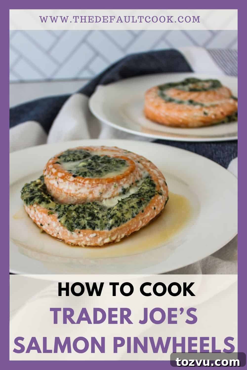 Trader Joe's Salmon Pinwheels Recipe with Feta and Spinach 7 A graphic with a photograph of cooked salmon pinwheels filled with spinach and cheese, plated with a lemon wedge. The image is bordered in purple with the website URL