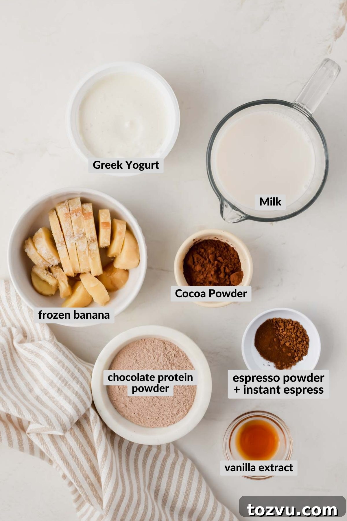 Mocha Madness Smoothie Recipe: Tropical Smoothie Copycat 3 homemade tropical smoothie mocha madness smoothie ingredients in individual bowls.