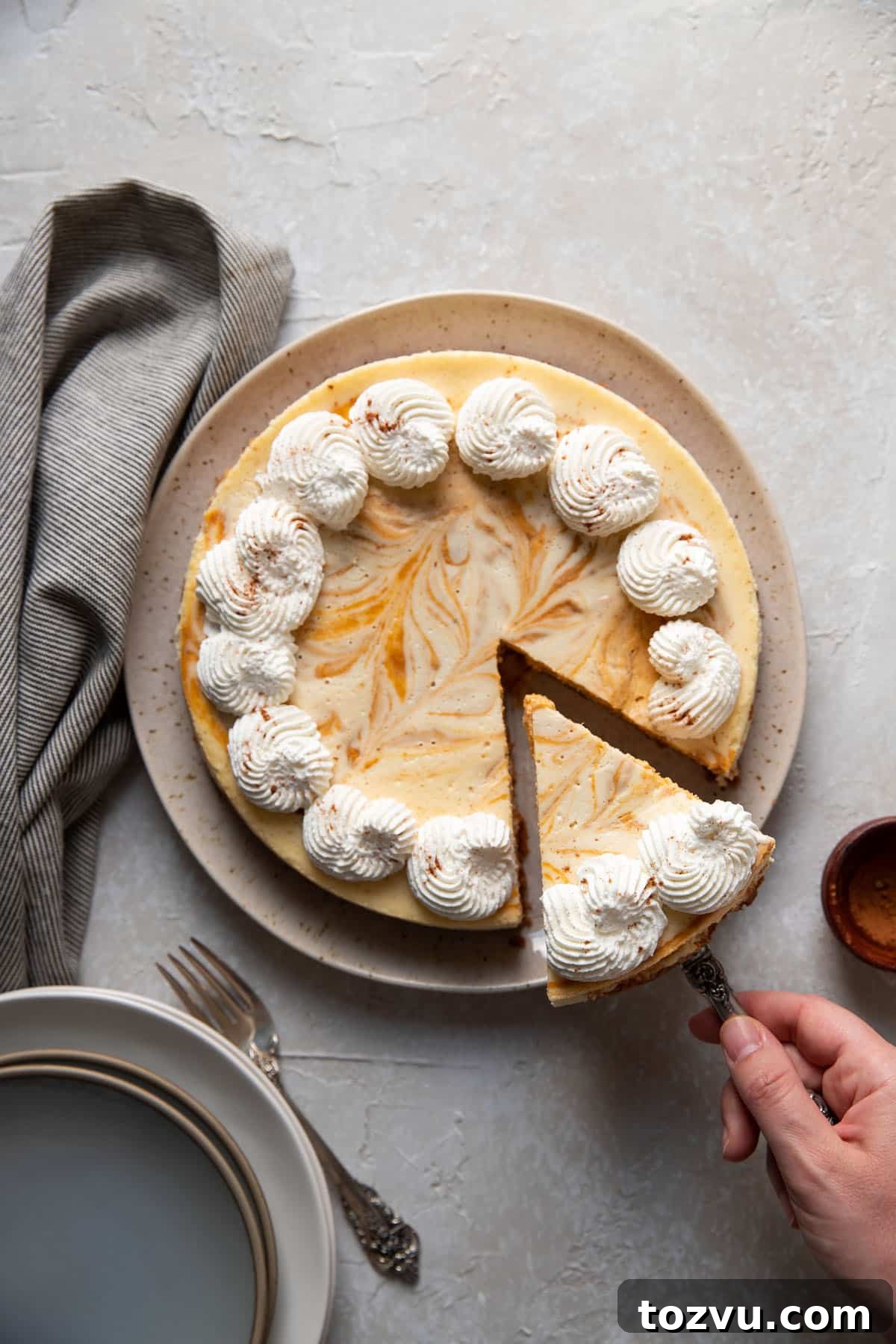Creamy Pumpkin Swirl Cheesecake Recipe 11 pumpkin cheesecake on a plate
