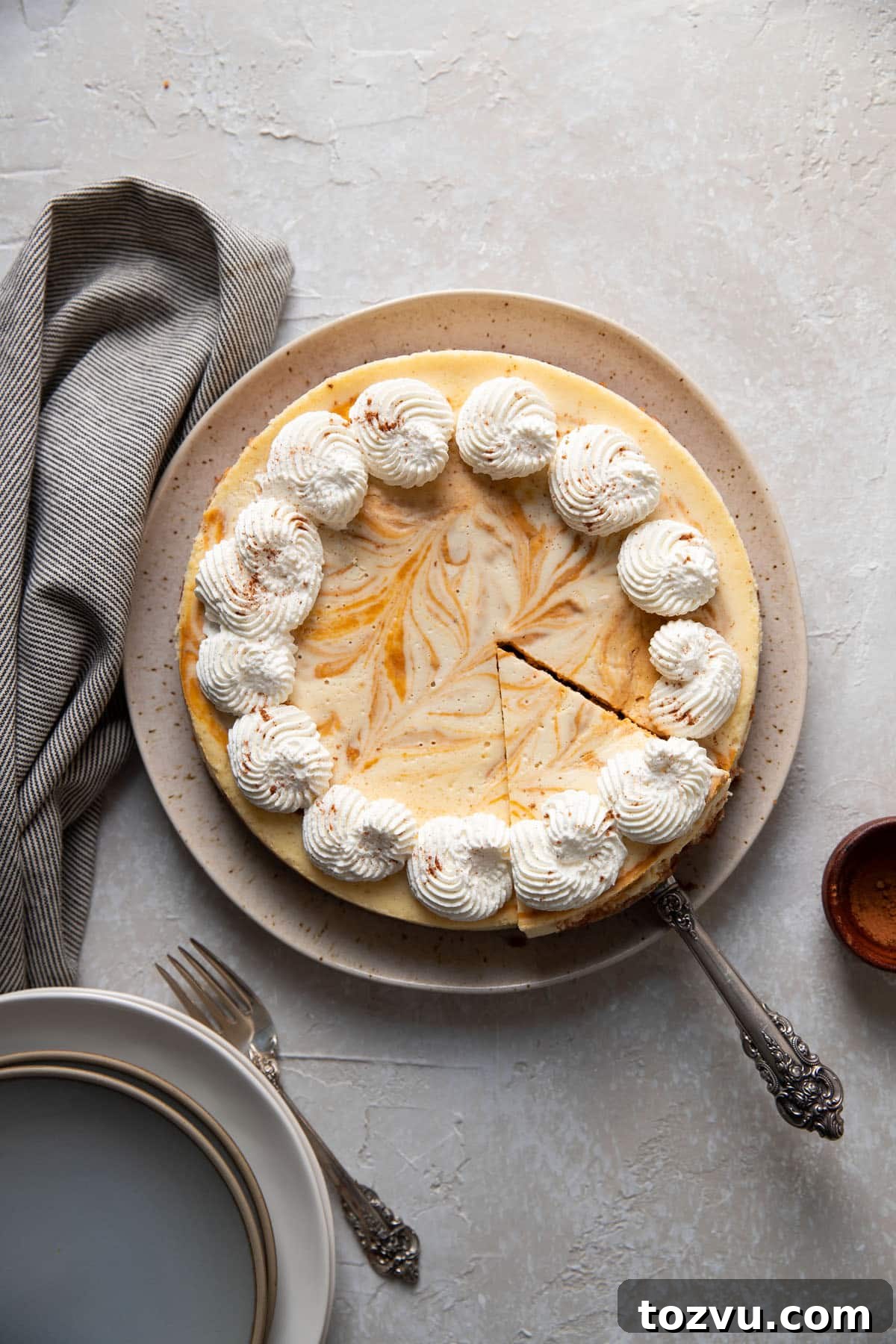 Creamy Pumpkin Swirl Cheesecake Recipe 3 pumpkin cheesecake on a plate