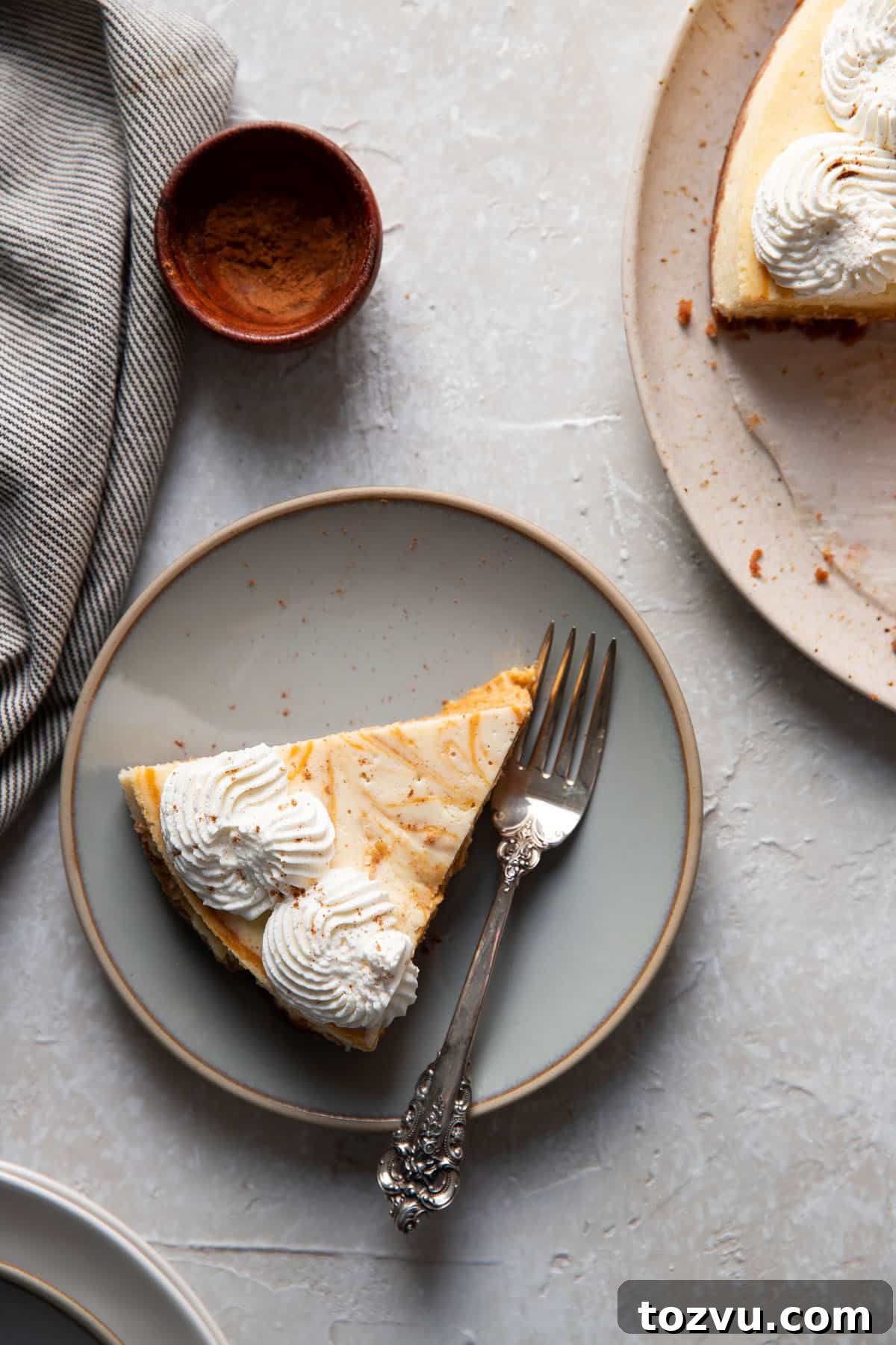 Creamy Pumpkin Swirl Cheesecake Recipe 4 pumpkin cheesecake on a plate