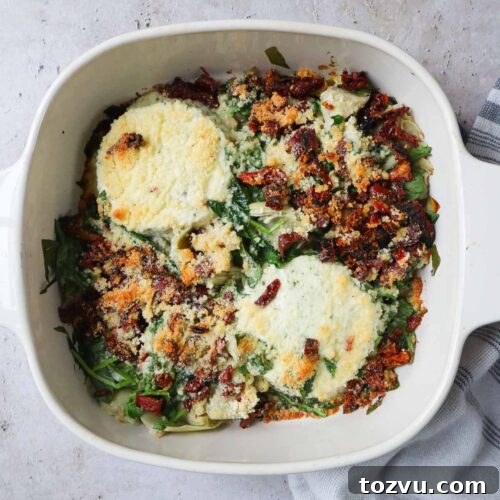 baking dish with boursin cheese dip straight from the oven.