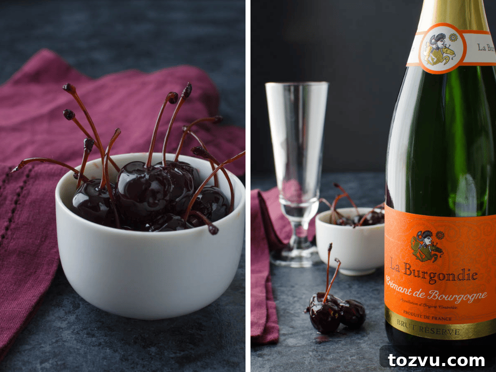 Blood Orange Champagne Bellini 3 Amarena cherries and Crémant de Bourgogne for easy holiday cocktails.
