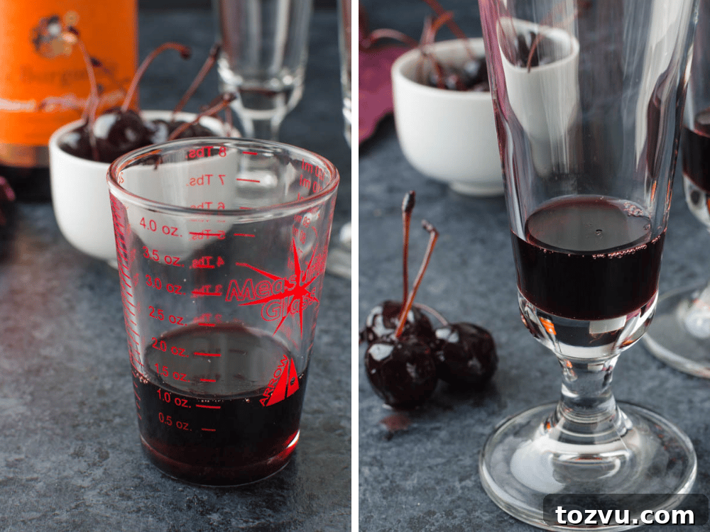 Blood Orange Champagne Bellini 4 measuring Amarena cherry syrup for blood red cocktails.