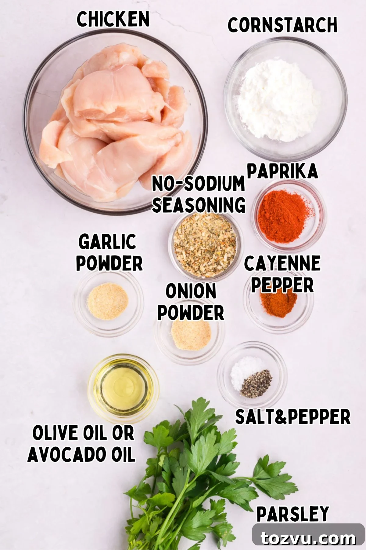 Crispy Air Fryer Chicken Tenders Without Breading 4 Labelled ingredients for air fryer chicken tenders recipe.