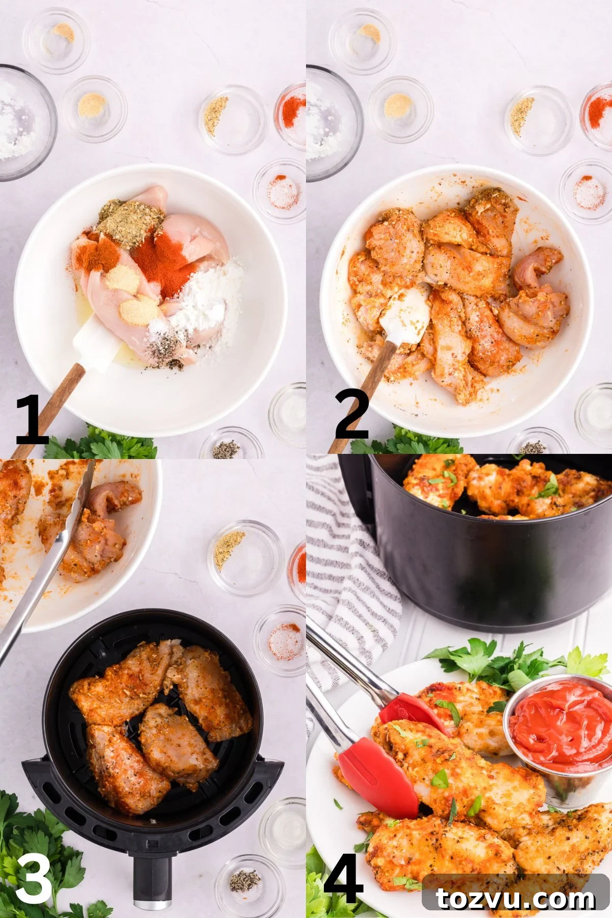 Crispy Air Fryer Chicken Tenders Without Breading 5 Step by step images for how to make air fryer chicken tenders.
