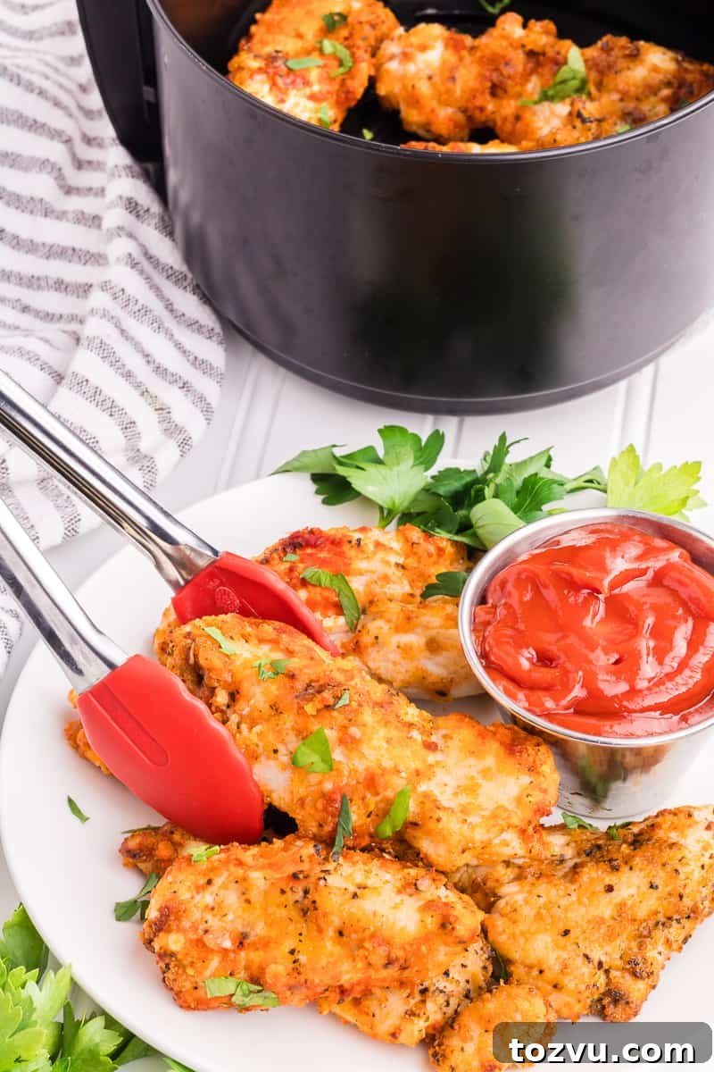Crispy Air Fryer Chicken Tenders Without Breading 7 Air fryer chicken tenders ready to serve.