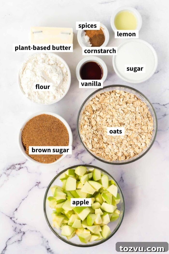 The ingredients for making a vegan apple crumbles bar recipe. Each ingredient is labelled with text.