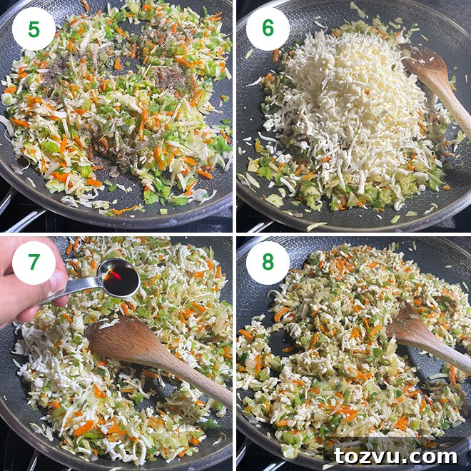 step by step picture collage of making paneer and vegetable filling for momos