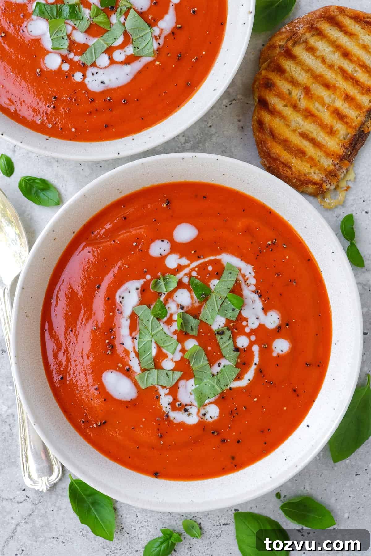 Dairy free tomato soup in bowls with shredded basil leaves and coconut cream drizzled on top.