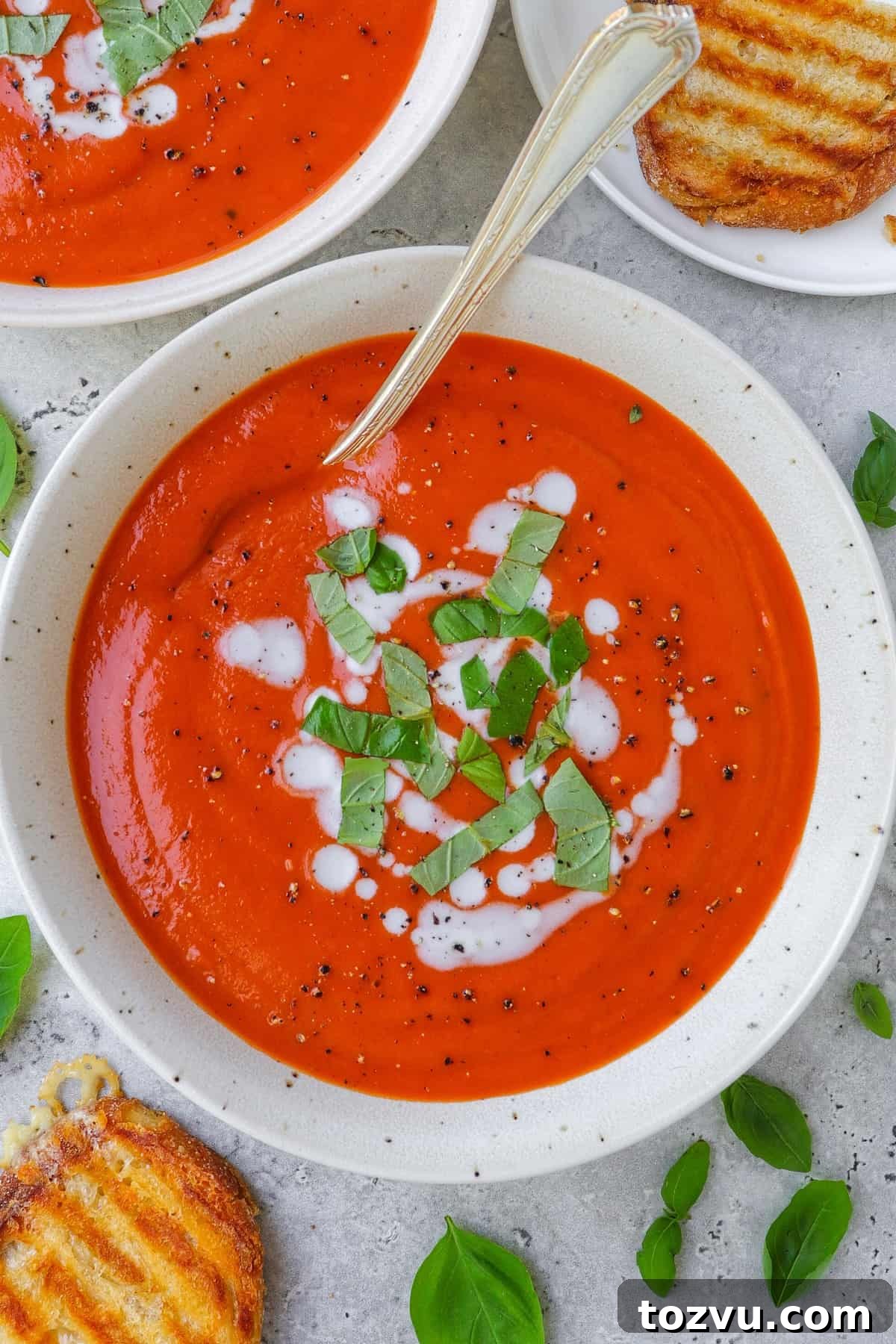 Dairy free tomato soup in a bowl with shredded basil leaves and coconut cream drizzled on top.