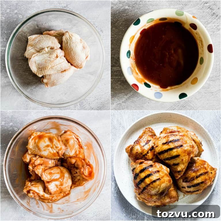 How to Grill Chicken Thighs for Juicy, Crispy Results 4 image collage showing how to make grilled chicken thighs