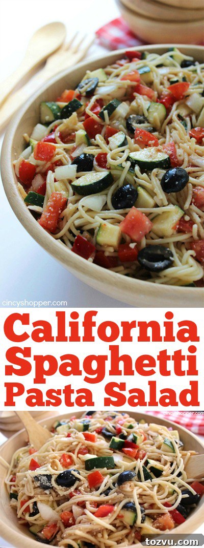 California Spaghetti Pasta Salad with Avocado and Tomatoes 10 California Spaghetti Pasta Salad - Perfect summer salad loaded with zucchini, cucumbers, peppers and more!